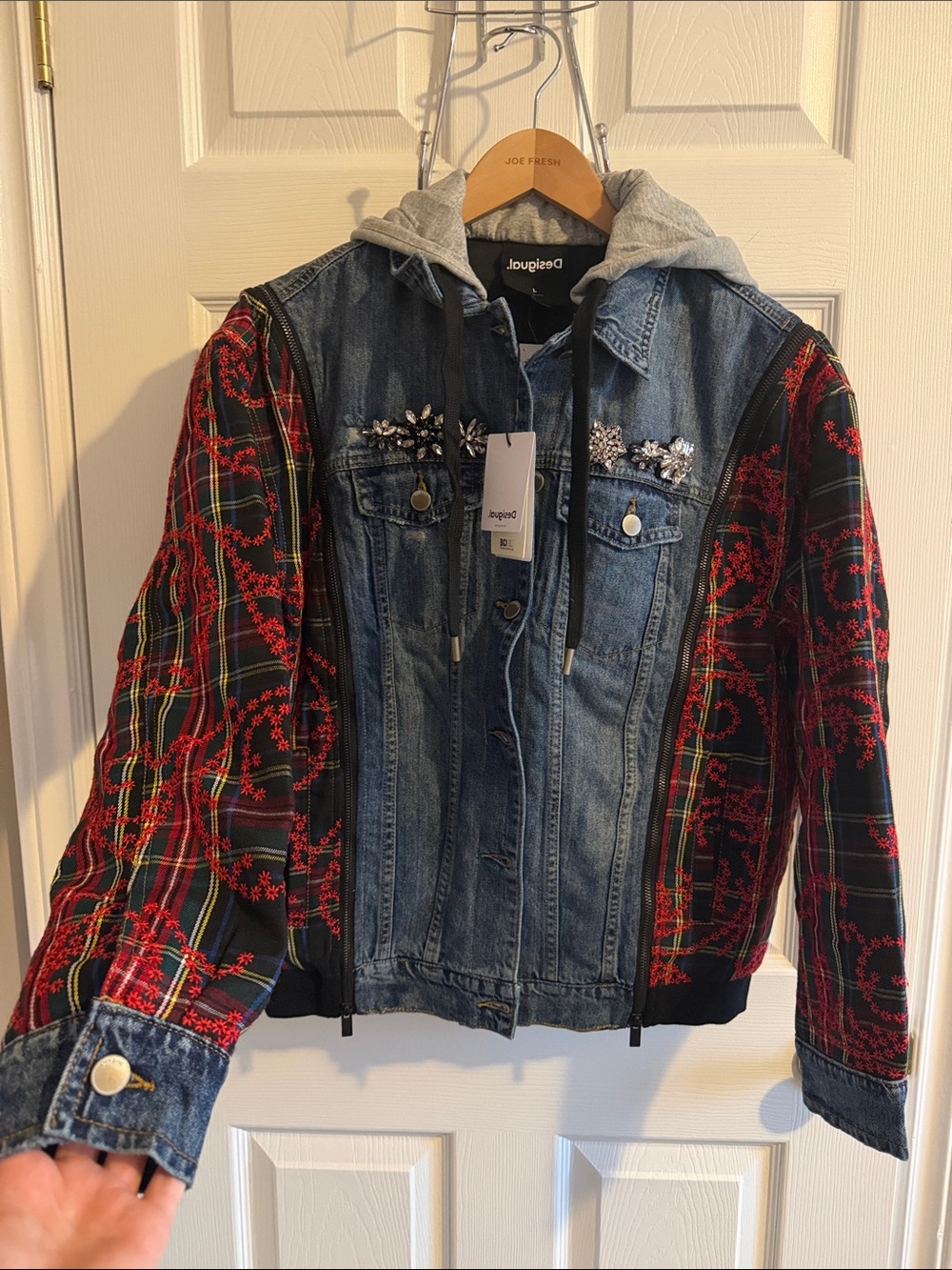 NWT Desigual Blue Denim Jacket/Vest with Red Plaid Sleeves and Gray Hood - Picture 3 of 7